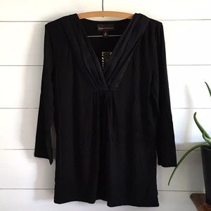 Dana Buchman Black 3/4 Sleeve Pleated Neckline Top Sz Small NWT